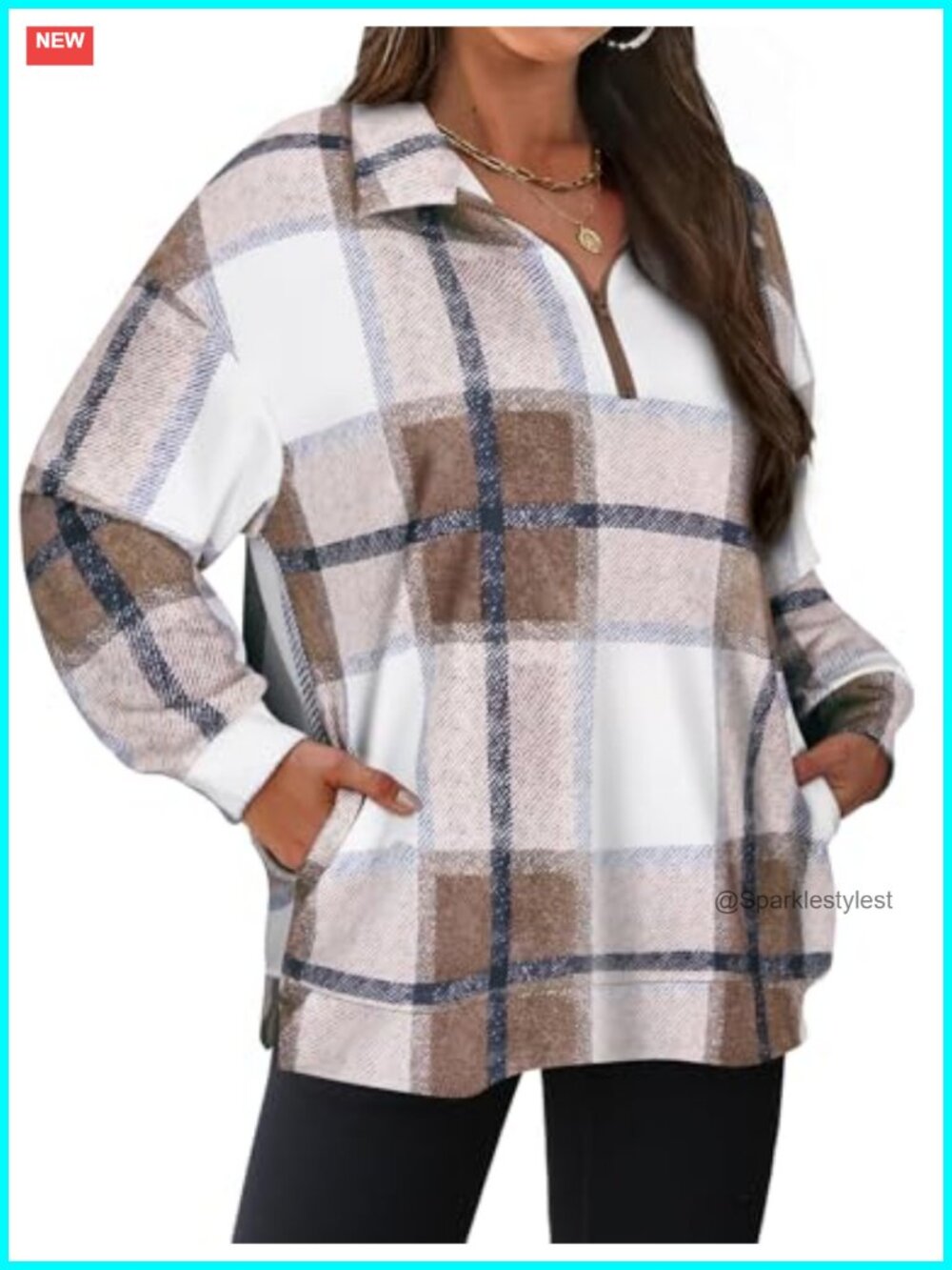 Plus Size Quarter Zip Sweatshirt with Pockets Drop Shoulder Pullover